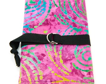 Medium Knitting Needle Organizer or Art  Tool Case - Fuchsia Batik - 24 Black Pockets