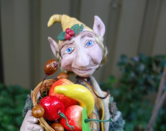 FENNEK, One Of A Kind, Clay Elf, Forest Gnome, Story telling Doll, Goblin, Handcrafted Elf, Michelle Munzone, Fruit seller, Home Decor