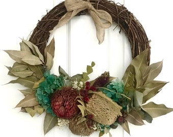 WREATH- BANKSIAS, native flowers, Door Wreath, Mother's Day, Flowers, All Year Wreath, Home Décor