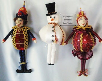 JOYFUL JOLLIES- PATTERN, Paper Version- to make  3 Christmas ornaments, Cloth Doll, Tutorial, Workshop, Ornies, fantasy,  Michelle Munzone