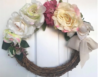 Faux Floral ROSE WREATH- Handmade, Artificial Rose Wreath, 32 cm, Pink, Cream, Door Wreath, wall wreath, home décor,