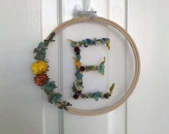 Dried FLORAL LETTER, Personalised, Initial Flowers in Hoop, Flower Alphabet,  Australian made, Home décor, Roses, Unique Gifts,