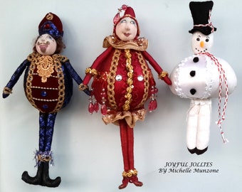 E-Pattern to make JOYFUL JOLLIES- 3 Christmas ornaments,  Instructional, Cloth Dolls, Workshops, PDF, michelle munzone, create, diy, kids