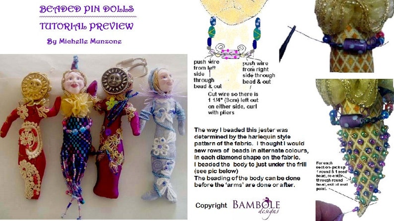 TUTORIAL BEADED Pin Dolls, Workshop, Doll Making, Instructional, Cloth Doll Project, Jester Art Doll, Diy, Kids projects, Michelle Munzone image 2