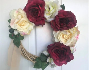 Faux Floral ROSE WREATH- Handmade, Artificial Rose Wreath, 32 cm, Red, Cream, Door Wreath, wall wreath, home décor,