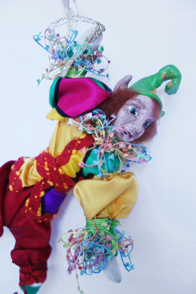 TOMMASI One Of A Kind ELF, Polymer Clay 9 23 cm Tall, Hanging Doll, Art Doll, Sculpture, Michelle Munzone, Jester, Christmas, signed image 1