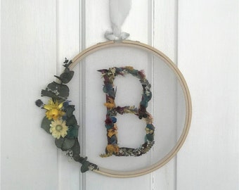 Dried FLORAL LETTER, Personalised Initial Flowers in Hoop, Flower Alphabet, child's room, Australian made, Home décor, Roses, Unique Gifts,