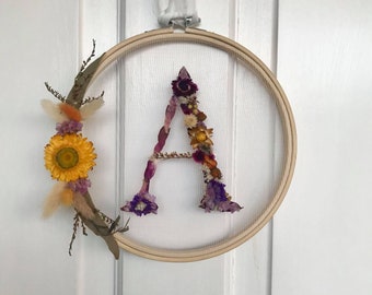 Dried FLORAL LETTER, Personalised Initial Flowers in Hoop, Flower Alphabet, child's room, Australian made, Home décor, Roses, Unique Gifts,