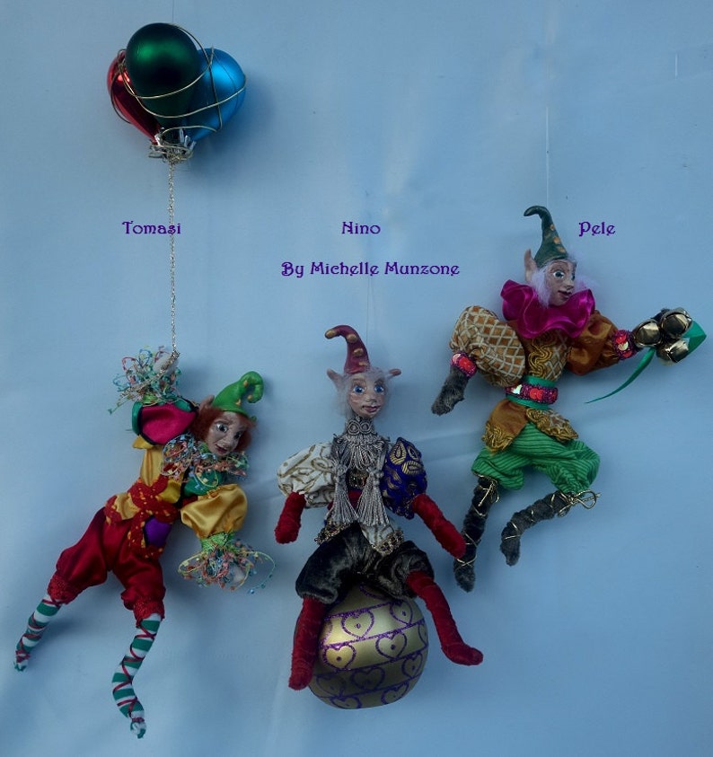 TOMMASI One Of A Kind ELF, Polymer Clay 9 23 cm Tall, Hanging Doll, Art Doll, Sculpture, Michelle Munzone, Jester, Christmas, signed image 6