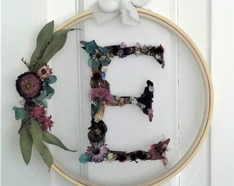 Dried FLORAL LETTER, Personalised, Initial Flowers in Hoop, Flower Alphabet,  Australian made, Home décor, Roses, Unique Gifts,