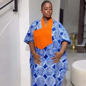 Sewa Bubu Dress | African Adire Boubou Kaftan with Aso‑Oke Trim & Pockets | Handmade Tie‑Dye Maxi for Women| Rich Aunty Bubu| Gifts For Her