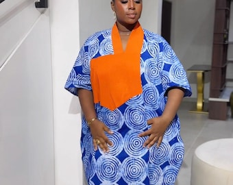 Sewa Bubu Dress | African Adire Boubou Kaftan with Aso‑Oke Trim & Pockets | Handmade Tie‑Dye Maxi for Women| Rich Aunty Bubu| Gifts For Her