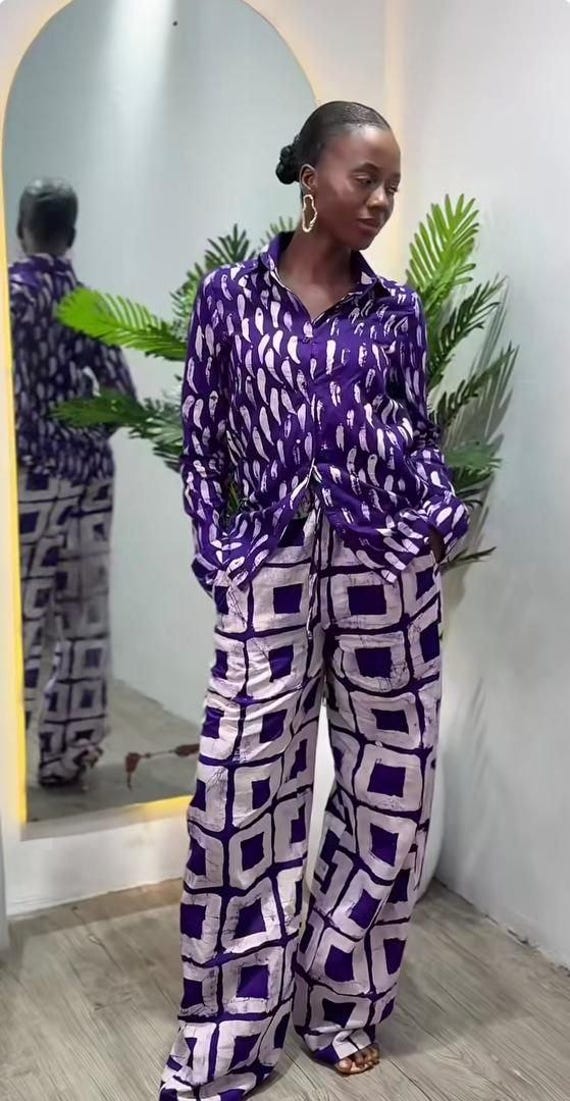 African Print Two Piece Set, Ankara Shirt and Pants Set, Adire Outfit Women, Matching Set Women, Wide Leg Pants Set,Lounge Set