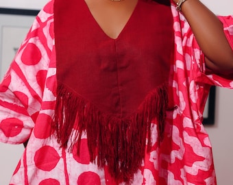 Ariyike Bubu Dress | African Adire Boubou Kaftan with Aso‑Oke Embroidery & 2 Pockets | Handmade Tie‑Dye Maxi for Women