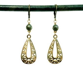 brass filigree drop earrings, brass earrings,  filigree earrings,  pyrite earrings, gifts for her,  everyday earrings, dangle earrings