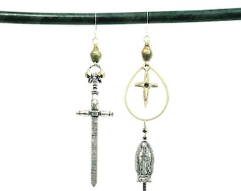 Medieval Maven Sword and Cross asymmetrical Earrings, mismatched sword earrings, asymmetric cross earrings, medieval earrings, goth earrings