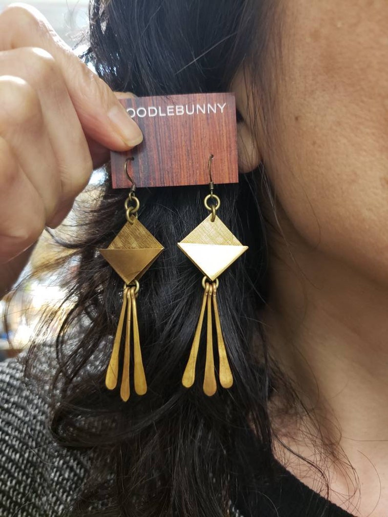 Geometric brass fringe drop earrings, brass earrings, forged brass, duster earrings, modern bohemian, boho, gifts for her, girlfriend gift image 5
