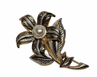 VINTAGE Damascene Flower Pin Brooch with Faux Pearl  Made in Spain