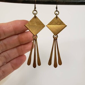 Geometric brass fringe drop earrings, brass earrings, forged brass, duster earrings, modern bohemian, boho, gifts for her, girlfriend gift image 2