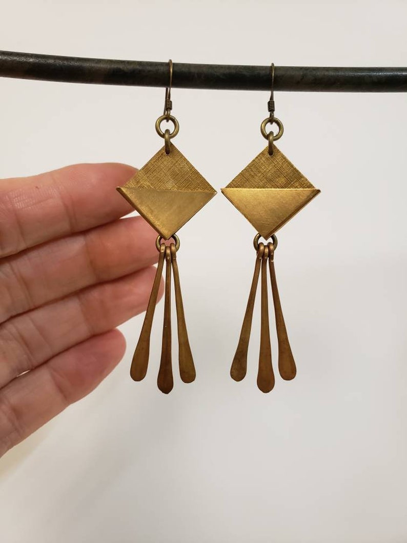 Geometric brass fringe drop earrings, brass earrings, forged brass, duster earrings, modern bohemian, boho, gifts for her, girlfriend gift image 2