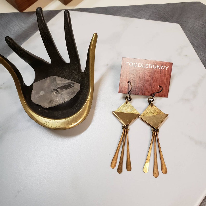 Geometric brass fringe drop earrings, brass earrings, forged brass, duster earrings, modern bohemian, boho, gifts for her, girlfriend gift image 3