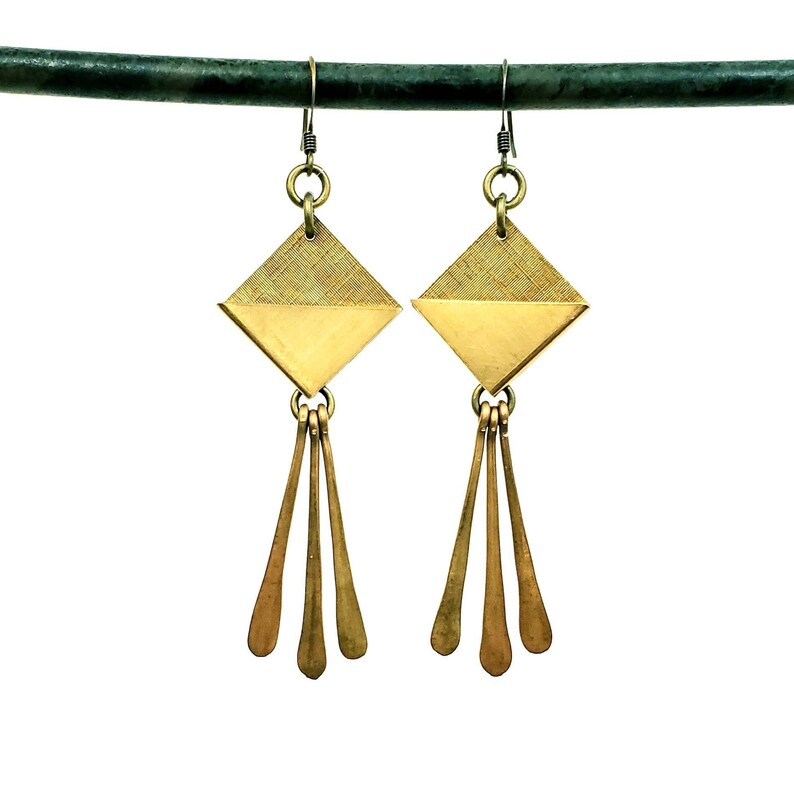 Geometric brass fringe drop earrings, brass earrings, forged brass, duster earrings, modern bohemian, boho, gifts for her, girlfriend gift image 1