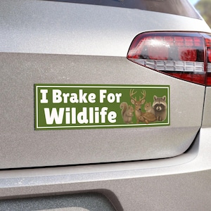 Puede incluir: Una pegatina rectangular para parachoques con fondo verde y borde blanco. El texto I Brake For Wildlife aparece en letras blancas. A la derecha, hay ilustraciones de una ardilla, un ciervo, un roedor, una tortuga y un mapache.