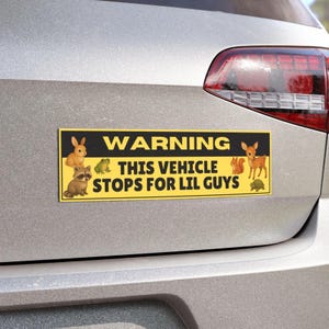 Warning This Vehicle Stops For Lil Guys Bumper Stickers, Squirrel Deer Frogs Turtles Car Magnet, Forest Animal Car Sticker