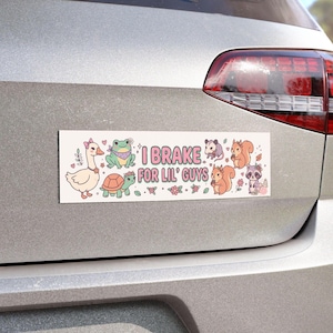 Puede incluir: Adhesivo rectangular para parachoques con el texto "I Brake for Lil' Guys" en rosa y blanco. La pegatina presenta ilustraciones de dibujos animados de un ganso, una rana, una tortuga, una zarigüeya, ardillas y un mapache, con detalles florales.