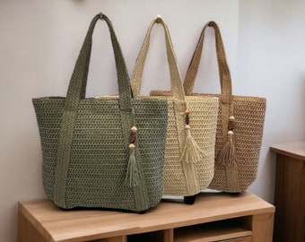 Sac d'été tissé en paille pour femme Sacs à main | Sac à bandoulière bohème fait main en raphia de plage | Grand sac fourre-tout à pampille | Sac à provisions