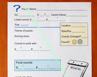 SE-Geocaching Puzzle Solving Sheet S/E Coords