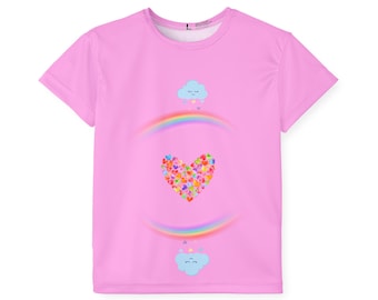 Camiseta infantil con diseño floral de corazón y arcoíris / Diseño de nube kawaii rosa