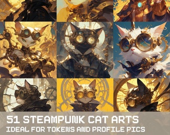 51 SteamPunk Artificer Cats art bundle. Ideal for profile pics or tabletop tokens, Dungeons and Dragons, and Pathfinder.