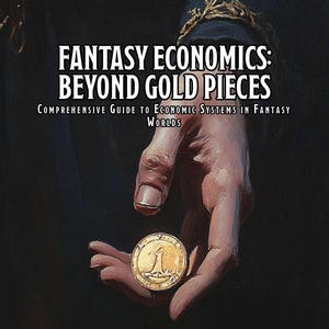 Può includere: Una copertina di libro con una mano che tiene una moneta d'oro. Il titolo è "Fantasy Economics: Beyond Gold Pieces" e il sottotitolo è "Guida completa ai sistemi economici nei mondi fantasy".