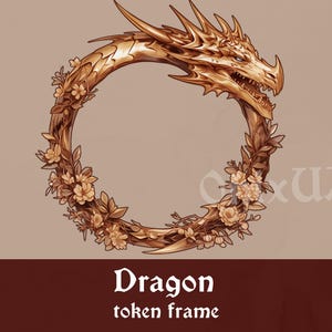 Op de afbeelding: Een gouden draken-tokenframe met bloemmotieven. De kop van de draak is naar rechts gericht en heeft een gedetailleerd ontwerp. Het frame is rond en heeft een bloemmotief rond de rand.