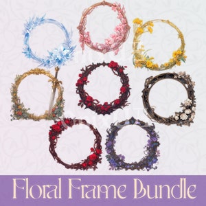 Pode incluir: Um conjunto de 7 molduras florais com cores e designs diferentes. As molduras são feitas de videiras e flores, e são perfeitas para adicionar um toque de natureza aos seus projetos.