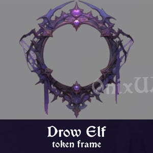 Puede incluir: Un marco adornado de color morado y negro con un diseño puntiagudo y espinoso. El marco tiene forma de círculo con una abertura central. El texto "Drow Elf token frame" está debajo del marco.