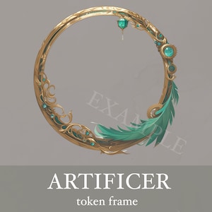 Może przedstawiać: Złota, ozdobna rama z wzorem z turkusowych piór i zielonych kamieni szlachetnych. Rama jest okrągła i ma estetykę steampunkową. Tekst "ARTIFICER token frame" znajduje się pod ramą.