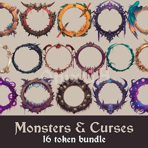 May include: A set of 16 digital token frames featuring various monster and curse themes. The frames are in different styles, including skulls, bones, thorns, and other spooky elements. The frames are perfect for tabletop role-playing games or other creative projects.