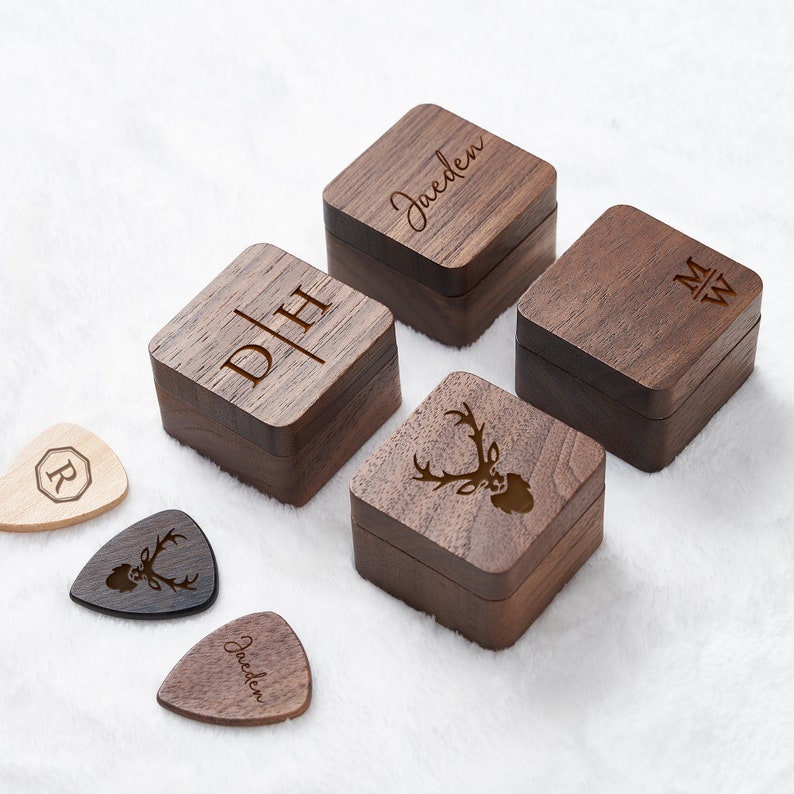 Custom Wooden Guitar Picks Box, Personalized Guitar Pick Holder Storage, Personlized Engraved, Anniversary, Proposal Ring Box Holder image 1