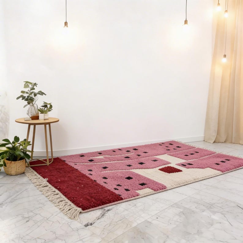 K&ouml;nnte beinhalten: Ein rechteckiger Teppich mit geometrischem Design in Rosa-, Creme- und Burgundert&ouml;nen. Der Teppich hat eine strukturierte Oberfl&auml;che mit Fransen an einem Ende und kleinen schwarzen Quadraten. Der Teppich liegt auf einem Marmorboden.