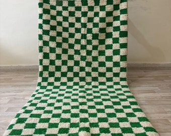 Green and White checkered Rug, Moroccan Area Rug, Berber Checkerboard Rug, Hand Knotted Wool Rug, Boho Home Decor