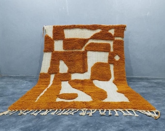 Alfombra de lana color naranja quemado hecha a mano – Alfombra bereber abstracta, tamaño personalizado