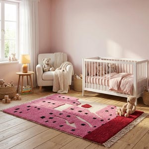 K&ouml;nnte beinhalten: Ein rosa Kinderzimmer mit einem wei&szlig;en Kinderbett, einem Sessel und einem gemusterten Teppich. Der Teppich hat ein Design in Rosa, Rot und Creme mit schwarzen Akzenten. Teddyb&auml;ren und andere Stofftiere sind im Raum platziert und schaffen eine gem&uuml;tliche und einladende Atmosph&auml;re.