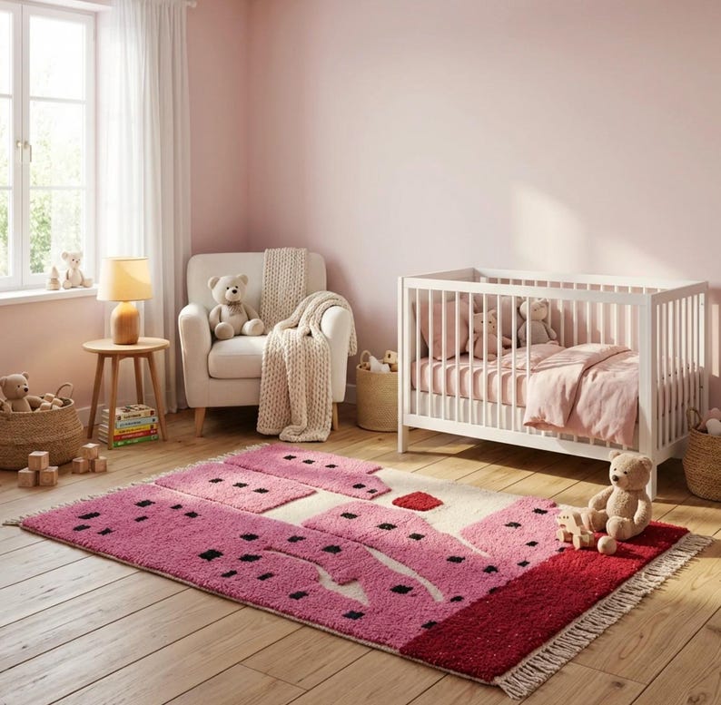 K&ouml;nnte beinhalten: Ein rosa Kinderzimmer mit einem wei&szlig;en Kinderbett, einem Sessel und einem gemusterten Teppich. Der Teppich hat ein Design in Rosa, Rot und Creme mit schwarzen Akzenten. Teddyb&auml;ren und andere Stofftiere sind im Raum platziert und schaffen eine gem&uuml;tliche und einladende Atmosph&auml;re.