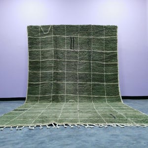 May include: A large, rectangular green rug with a grid pattern of white lines. The rug has a thick, textured pile and a fringe along the bottom edge. Two black vertical lines are near the center of the rug.