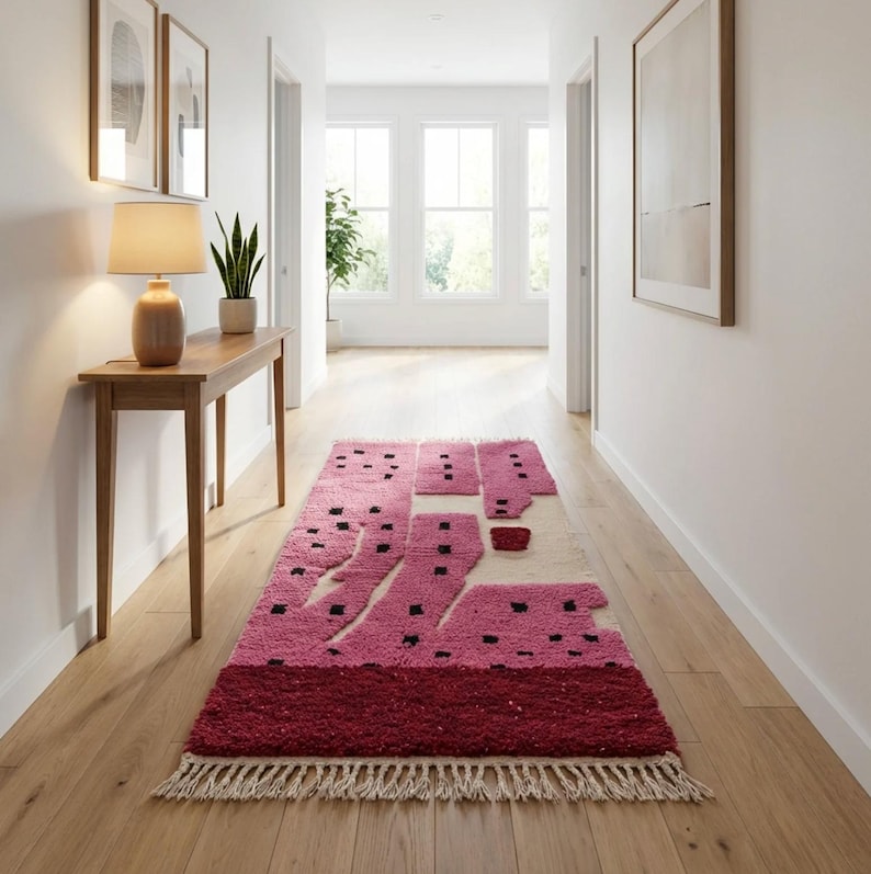 K&ouml;nnte beinhalten: Ein rosa-cremefarbener Teppich mit geometrischem Design und Fransenrand. Der Teppich hat einen tiefroten Rand und schwarze quadratische Akzente. Der Teppich liegt in einem Flur mit Holzboden.