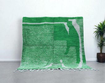 Handmade Green Berber Rug | Modern Abstract Wool Carpet, Custom Size