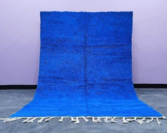 Cobalt Blue Moroccan Wool Rug, Handmade Berber Rug, Minimalist Fringe