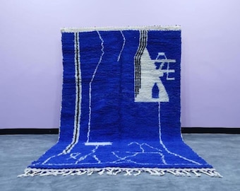Alfombra bereber marroquí de lana hecha a mano: diseño abstracto azul, tamaño personalizado